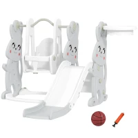 Qaba 4 in 1 Toddler Slide and Swing Set with Climber, Basketball Hoop, Rabbit Themed Kids Playset for Ages 1.5-4, Gray(m-1)