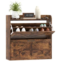 HOMCOM Narrow Shoe Storage Cabinet, Farmhouse Slim Shoe Cabinet with 2 Flip Drawers, Adjustable Shelves, Rustic Brown(m-11)