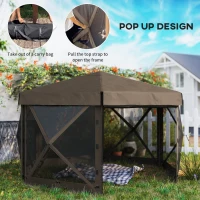 Outsunny 12' x 12' Hexagonal Pop Up Gazebo Canopy Tent with 5 Sidewalls, Outdoor Canopy Shelter with Carry Bag, Brown(m-4)