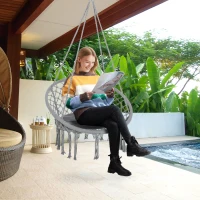 Outsunny Patio Hammock Chair, Hanging Rope Hammock Swing for Indoor & Outdoor Use with Backrest, Cotton-Polyester Blend, Fringe Tassels, Light Grey(m-8)