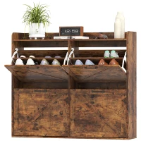 HOMCOM Narrow Shoe Storage Cabinet with 4 Flip Drawers, Adjustable Shelves, 16 Pair Farmhouse Shoe Cabinet, Rustic Brown(m-2)