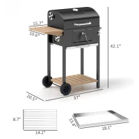 Outsunny Charcoal BBQ Grill, Outdoor Portable Cooker for Camping or Backyard Picnic, Barbecue Grill with Side Table, Bottom Storage Shelf, Wheels and Handle, Black(m-3)