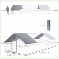 PawHut Chicken Run Walk-In Metal Chicken Coop, 3 Rooms Galvanized Poultry Cage Outdoor with Waterproof UV-Protection Cover for Rabbits, Ducks, 9.8' x 26.2'(m-3)