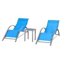 Outsunny 3 Pieces Patio Pool Lounge Chairs Set, Outdoor Chaise lounge with 2 S-Shaped Sunbathing Chairs and a Glass Top Table, for Yard Garden, Blue(m-11)