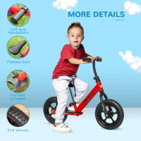 Qaba 12" Kids Balance Bike No Pedal Bicycle Adjustable Seat and Handlebar Training Toddler Bike 3 - 5 Years Red(m-5)