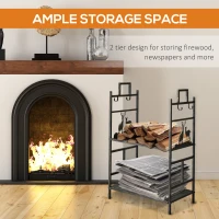 Outsunny 2-Layer Heavy Duty Firewood Rack Wood Log Fireplace Stacker  w/ 4 Tools, Black and Gold(m-7)