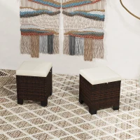 Outsunny 2 Piece Wicker Outdoor Ottomans with Cushions, Rattan Ottoman Footrest and Side Table for Patio, Yard, Poolside, Beige(m-9)
