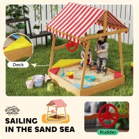Qaba Wooden Kids Sandbox with Cover, 4 Seats, Rudder, Deck, Bottom Liner, 52" x 40" x 55.5", for Ages 3-8, Yellow(m-4)