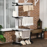 HOMCOM Foldable Clothes Drying Rack, 4-Tier Steel Laundry Rack for Drying Clothes with 2 Side Wings and 4 Castors, Indoor and Outdoor Use, Black(m-7)