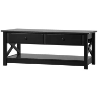 HOMCOM Coffee Table with Storage, Farmhouse Living Room Table with Drawers and Open Shelf, Centre Table with X-frames, Black(m-11)