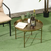 HOMCOM Vintage Coffee Table for Living Room, 24" Round Center Table with Hammered Tray Top and Metal Frame, Gold(m-7)