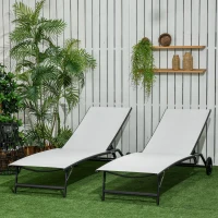 Outsunny 2PCs Lounge Chairs with Wheels, 5-Level Adjustable Backrest for Garden, Backyard, Patio, Deck, Poolside, White(m-1)