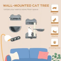 PawHut Cat Wall Shelves, 3PCs Cat Shelves with Hammock, Scratching Post, 3 Steps, Jumping Platforms, Wall Mounted Cat Climber, Grey(m-4)