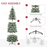 HOMCOM 6 ft Snow-Dipped Pencil Christmas Tree Pre-Lit Holiday Decoration with LED Lights Pine Cones Red Berries Green(m-9)