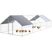 PawHut Chicken Run Walk-In Metal Chicken Coop, 3 Rooms Galvanized Poultry Cage Outdoor with Waterproof UV-Protection Cover for Rabbits, Ducks, 9.8' x 26.2'(m-2)
