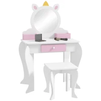 Qaba Kids Makeup Vanity Set with Stool, Mirror, Drawer, Storage Boxes, Unicorn Design, White(m-11)