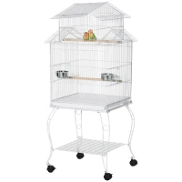 PawHut 53.9'' Large Rolling Steel Bird Cage Bird House with Detachable Rolling Stand, Storage Shelf, Wood Perch, Food Container, White(m-11)