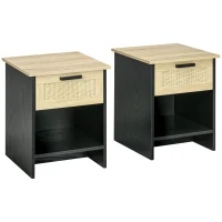 HOMCOM 2 Pieces Nightstands, Boho Bedside Tables with Drawer and Storage Shelf for Bedroom, Living Room, Black(m-2)