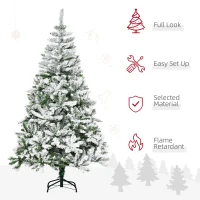 HOMCOM 6ft Flocked Christmas Tree, Pine Artificial Christmas Tree with 750 Branches Tips, Steel Base, Automatic Open, Green(m-4)