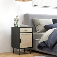 HOMCOM Boho Bedside Tables Set of 2, Nightstands with Drawer, Rattan Cabinet, Adjustable Shelf for Bedroom, Living Room, Black(m-10)