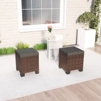 Outsunny 2 Piece Wicker Outdoor Ottomans with Cushions, Rattan Ottoman Footrest and Side Table for Patio, Yard, Poolside, Gray(m-10)