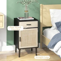 HOMCOM Boho Bedside Tables Set of 2, Nightstands with Drawer, Rattan Cabinet, Adjustable Shelf for Bedroom, Living Room, Black(m-7)