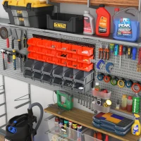 DURHAND Wall Mounted Storage Bin Rack Tool Organizer with 30 Bins, Pegboard for Garage Workshops Red(m-4)