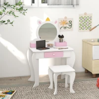 Qaba Kids Makeup Vanity Set with Stool, Mirror, Drawer, Storage Boxes, Unicorn Design, White(m-8)