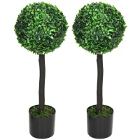 HOMCOM 2ft Artificial Plants Boxwood Ball Trees Set of 2 Fake Trees in Pot for Indoor Outdoor Green(m-2)