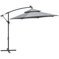 Outsunny 10FT Cantilever Patio Umbrella with Lights Solar Powered Offset Umbrella with Crank and Cross Base for Deck Light Grey(m-9)