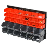 DURHAND Wall Mounted Storage Bin Rack Tool Organizer with 30 Bins, Pegboard for Garage Workshops Red(m-2)
