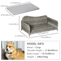 PawHut Rattan Pet Sofa for Large & Medium Dogs, Indoor & Outdoor Raised Wicker Dog Bed, Cat Couch, with Soft Washable Cushion, Light grey(m-3)