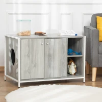 PawHut Cat Litter Box Enclosure Hidden Cat Furniture Cabinet Indoor Cat Washroom Double-door Nightstand End Table with Damping Hinge Multiple Storage Place Adjustable Partition Grey(m-8)