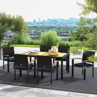 Outsunny Outdoor Dining Set 7 Pcs Space-Saving PE Rattan Patio Table and Chairs w/ Acacia Wood Table Top Soft Cushions, Black(m-8)