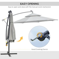 Outsunny 10FT Cantilever Patio Umbrella with Lights Solar Powered Offset Umbrella with Crank and Cross Base for Deck Light Grey(m-5)