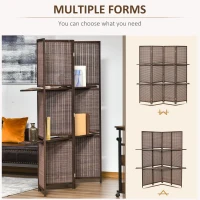 HOMCOM 4 Panel Room Divider, 6ft Tall Bamboo Folding Screen with 2 Storage Shelves for Bedroom, Office, Brown(m-7)
