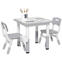 Qaba 3 Pieces Toddler Table and Chair Set, Height Adjustable Kids Table and Chair Set w/ Storage, for Playroom Grey(m-11)