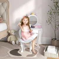 Qaba Kids Makeup Vanity Set with Stool, Mirror, Drawer, Storage Boxes, Unicorn Design, White(m-1)