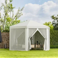 Outsunny Φ13' Hexagon Party Tent Patio Gazebo Outdoor Activity Event Canopy Quick Sun Shelter Pavilion with Netting Mesh Sidewall Cream White(m-8)