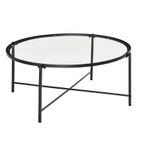 HOMCOM Modern Round Coffee Table with Tempered Glass Tabletop, Accent Side Table, Center Table for Living Room, Black(m-2)