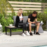 Outsunny 2 Seater Patio Sofa, Outdoor Sofa Couch with Wood Grain Side Tray and Cushions for Balcony, Backyard, Grey(m-4)