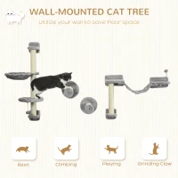 PawHut 4PCs Cat Wall Shelves with Hammock, Scratching Post, Ladder, Steps, Platforms, Toy Balls, Grey(m-4)