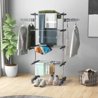 HOMCOM Garment Drying Rack Stainless Steel Folding Clothes Hanging Rack with Side Wings Castors for Indoor Outdoor Grey(m-8)
