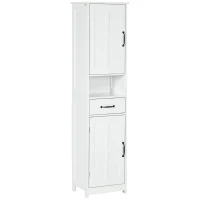 kleankin Modern Bathroom Cabinet, Narrow Bathroom Vanities with Open Shelf Drawer Recessed Doors and Adjustable Shelves White(m-2)