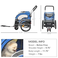 Aosom Dog Bike Trailer 2-in-1 Pet Stroller Cart Bicycle Wagon Cargo Carrier Attachment for Travel with 360° Swivel Wheel Reflectors Flag Blue(m-3)