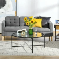 HOMCOM Modern Round Coffee Table with Tempered Glass Tabletop, Accent Side Table, Center Table for Living Room, Black(m-8)