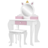 Qaba Kids Makeup Vanity Set with Stool, Mirror, Drawer, Storage Boxes, Unicorn Design, White(m-2)