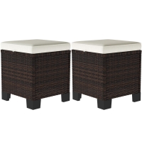 Outsunny 2 Piece Wicker Outdoor Ottomans with Cushions, Rattan Ottoman Footrest and Side Table for Patio, Yard, Poolside, Beige