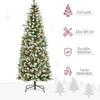HOMCOM 6 ft Snow-Dipped Pencil Christmas Tree Pre-Lit Holiday Decoration with LED Lights Pine Cones Red Berries Green(m-4)