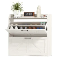 HOMCOM Narrow Shoe Storage Cabinet, Farmhouse Slim Shoe Cabinet with 2 Flip Drawers, Adjustable Shelves, White Oak(m-2)